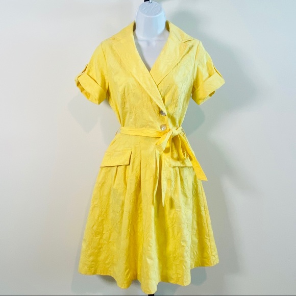 Vintage Yellow Liz Claiborne Embroidered Short Sleeve Belted Wrap Dress Size 6 - Picture 4 of 11